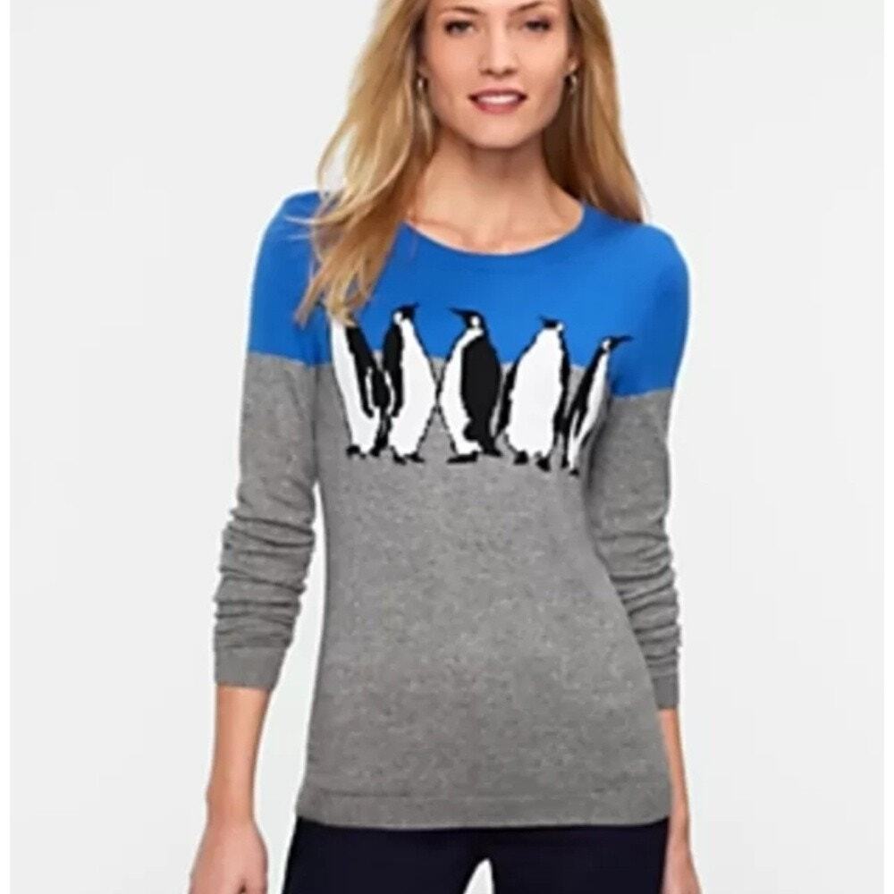 Talbots Penguin Lambswool Blend Blue Gray Colorblock Knit Sweater Petite Medium